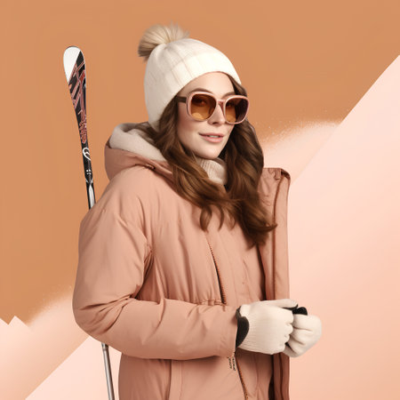 Winter sport. Portrait of smiling young woman in warm clothes, hat and sunglasses holding skis on orange background.の素材