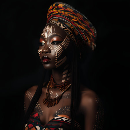 Beautiful African woman with creative make up and headdress on black backgroundの素材