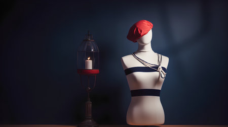 Mannequin wearing a santa claus hat with a candle on a dark backgroundの素材