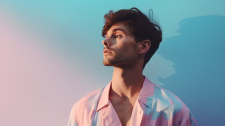 side view of handsome young man looking away on pink and blue backgroundの素材