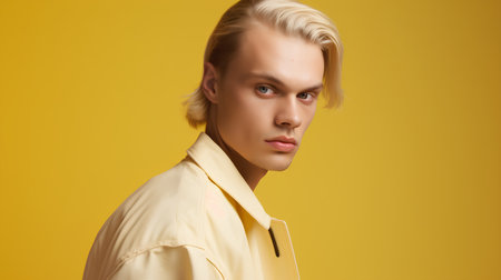 Portrait of young handsome blond man in yellow shirt on yellow backgroundの素材