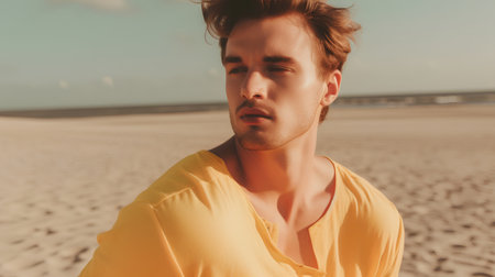 Handsome young man in yellow shirt standing on beach and looking awayの素材