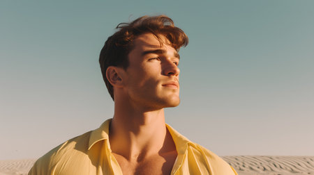 Portrait of a handsome young man in the desert. Men's beauty, fashion.の素材