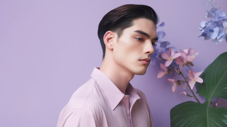 Young handsome asian man with orchid flowers. Studio shot.の素材