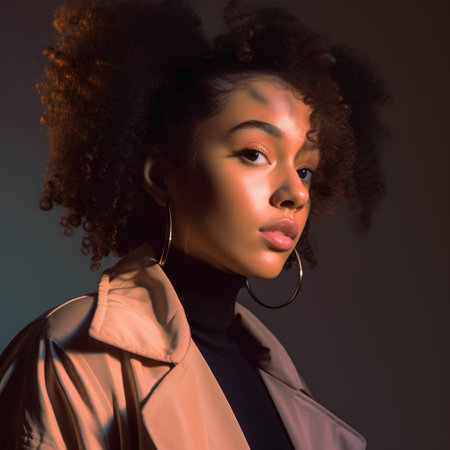 Beautiful african american woman with afro hairstyle wearing a coatの素材
