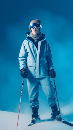 Young man in winter sportswear skiing on a snowy slope.の素材