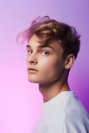 Portrait of a handsome young man with blond hair. Studio shot.の素材