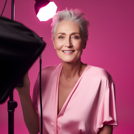 Cheerful senior woman looking at camera and smiling while standing against pink backgroundの素材