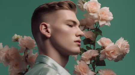 side view of handsome young man looking away while standing among flowers on greenの素材