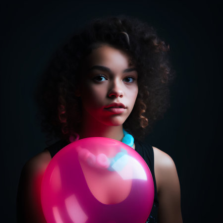 Beautiful african american woman with big pink balloon on black backgroundの素材