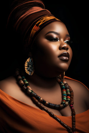 Portrait of a beautiful african woman with dark skin wearing traditional clothes and necklaceの素材