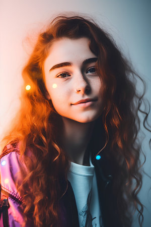 Portrait of a beautiful red-haired girl with long curly hair.の素材