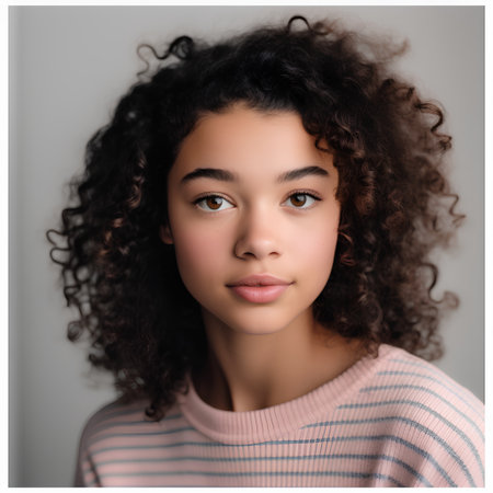 Portrait of young beautiful african american woman with curly hairの素材