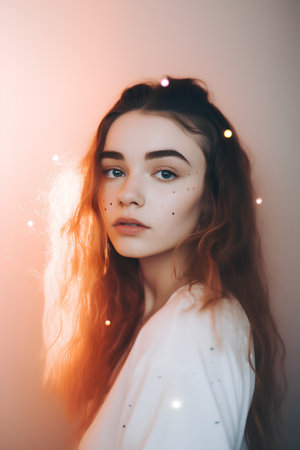Portrait of a beautiful young woman with long red hair and bright makeup.の素材