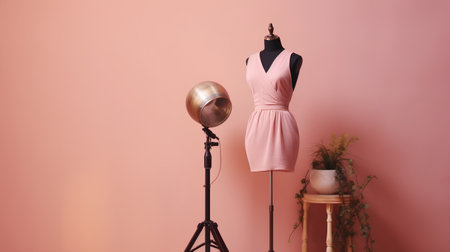 fashionable pink dress and accessories on a mannequin in the studioの素材