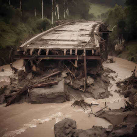 Abandoned wooden bridge over a river in the mountains. Toned.の素材