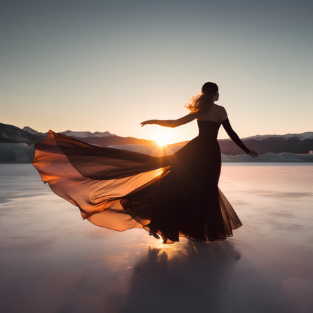 Beautiful woman in long black dress dancing on frozen lake at sunsetの素材