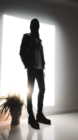 Silhouette of a man with a backpack standing in the roomの素材