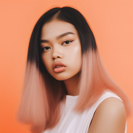 Beauty portrait of young asian woman with pink hair on orange backgroundの素材