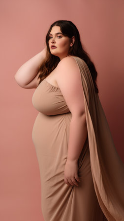 Plus size fat woman in beige dress posing on pink background.の素材