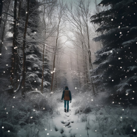 Man walking in winter forest with snowfall. Winter landscape with snowの素材