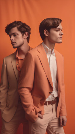 side view of two handsome young men in suits looking away on orange backgroundの素材