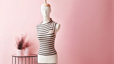 White mannequin with a striped dress on a pink background.の素材