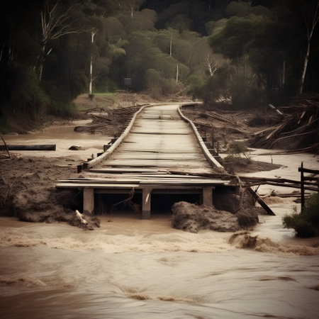 Old wooden bridge over the river. Toned in vintage style.の素材