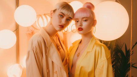 Fashion portrait of two beautiful young women in yellow clothes posing in studioの素材