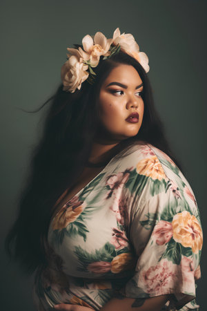 young pretty asian woman with flowers in her hair on grey backgroundの素材