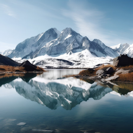 Mountains reflected in the water of a lake with snow-capped peaksの素材