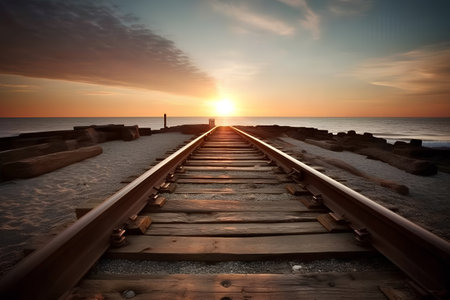 Railway to the lighthouse at sunset, Baltic Sea, Poland.の素材