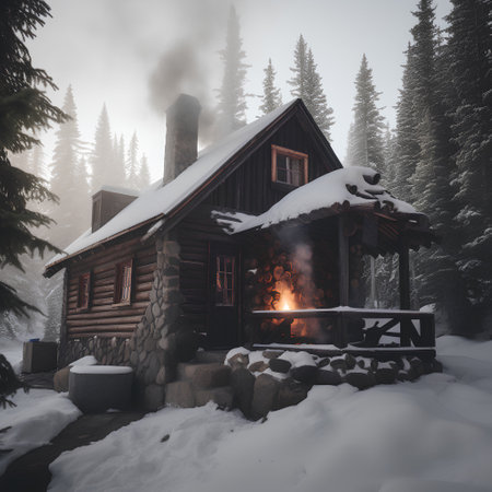 Wooden log cabin in winter forest. Cottage with a fireplace in the mountains.の素材