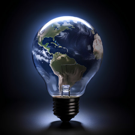 Earth inside a light bulb on dark background. 3D illustration.の素材