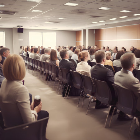 Business and entrepreneurship symposium. Speaker giving a talk at business meeting. Audience in conference hall. Rear view of unrecognized participant in audience.の素材