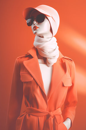 Fashion shot of a beautiful woman in a red coat and sunglasses.の素材