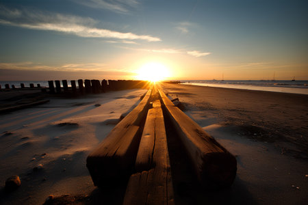 Wooden pier on the beach at sunset, Baltic Sea, Polandの素材