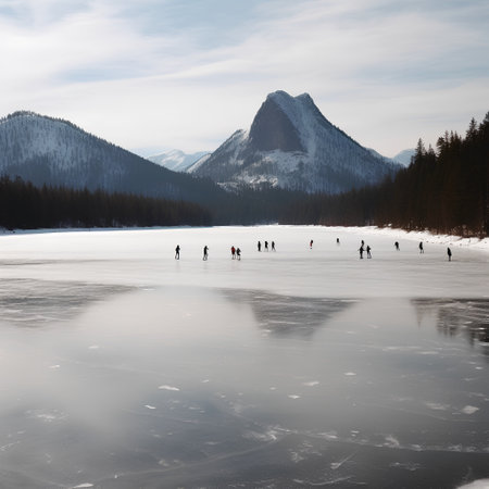 Ice skating on the frozen lake in the mountains, Tatra Mountains, Polandの素材