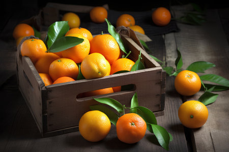 Fresh tangerines with leaves in a wooden box on a wooden tableの素材