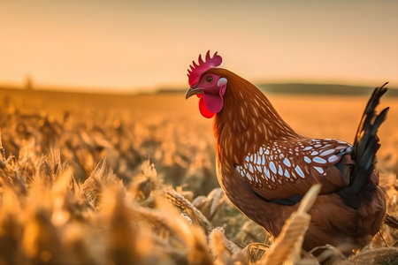 chicken on a wheat field at sunset, beautiful photo digital pictureの素材