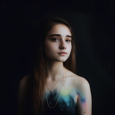 portrait of a beautiful girl with long hair and multicolored makeupの素材