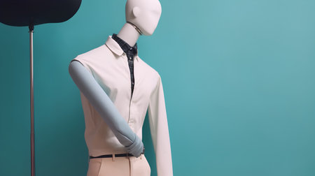 Mannequin with blouse and tie on a turquoise backgroundの素材