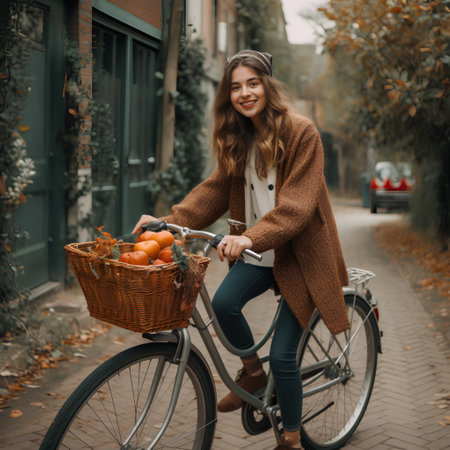Beautiful young woman in a coat with a bicycle on the streetの素材