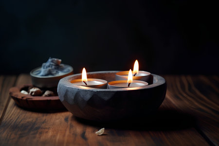 Burning candles in a wooden bowl on a dark wooden background.の素材