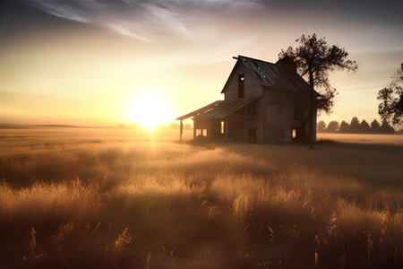 Old abandoned house in the field at sunset. Conceptual image.の素材