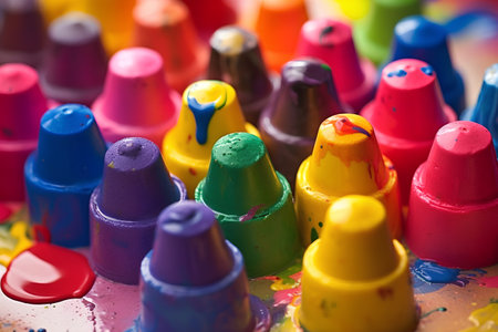 Colorful crayons on a wet background. Selective focus.の素材