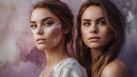 Portrait of two beautiful young women with cosmetic mask on face.の素材