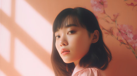 Portrait of a beautiful asian girl in pink shirt with pink flowersの素材