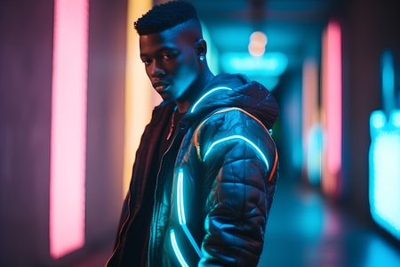 Young african american man in neon light at night club.の素材