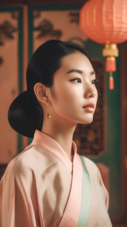 beautiful asian woman in kimono at chinese restaurantの素材